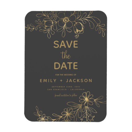 Gray Modern Save the Date Floral Gold Foil Magneet (Verticaal)