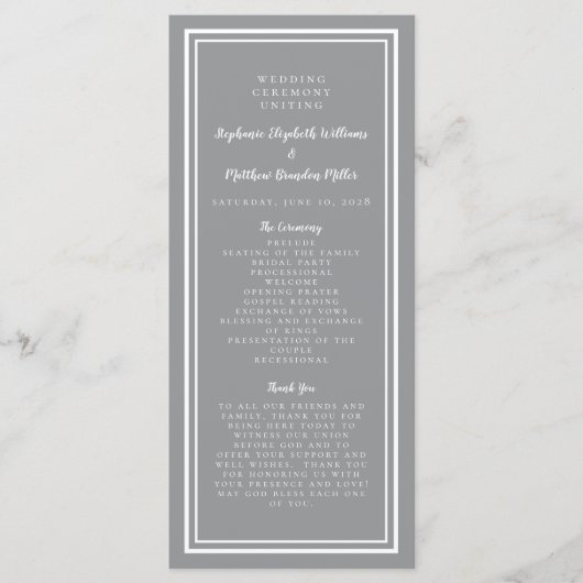 Gray Modern Wedding Service Ceremony Minimalist Pr Programmakaart (Voorkant)