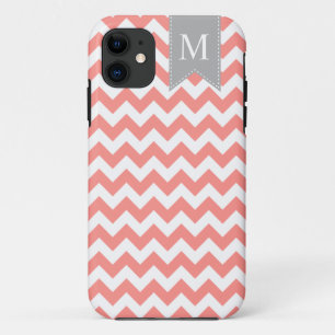 Gray Monogram Banner Coral Pink Chevron iPhone 11 Hoesje