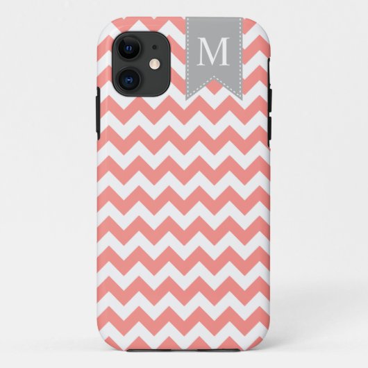 Gray Monogram Banner Coral Pink Chevron Case-Mate iPhone Case (Achterkant)