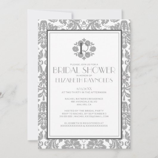 Gray Monogram Damask Bridal Shower Invitations Kaart (Voorkant)