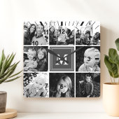 Gray Monogram Familie Foto Collage Vierkante Klok