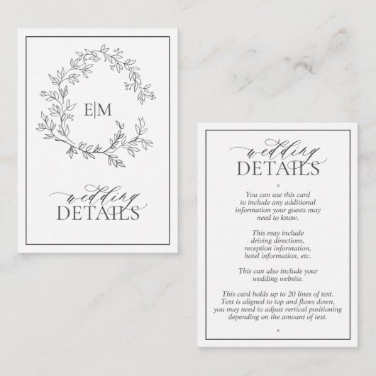 Gray Monogram Weddenschap - Versluitingskaart Informatiekaartje (Voorkant / Achterkant)
