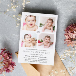 Gray Monogrammed Photo Collage Naming Ceremony Feestdagenkaart