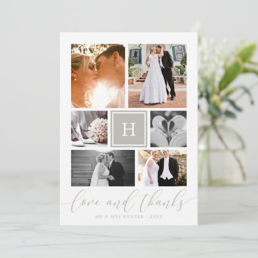 Gray Monogrammed Weddenschap Foto Collage Hartelij Bedankkaart (Staand voorkant)