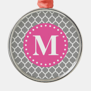 Gray Moroccan Lattice Pink Monogram Metalen Ornament