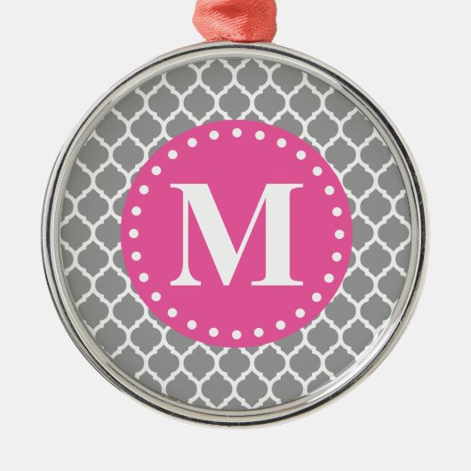 Gray Moroccan Lattice Pink Monogram Metalen Ornament (Voorkant)