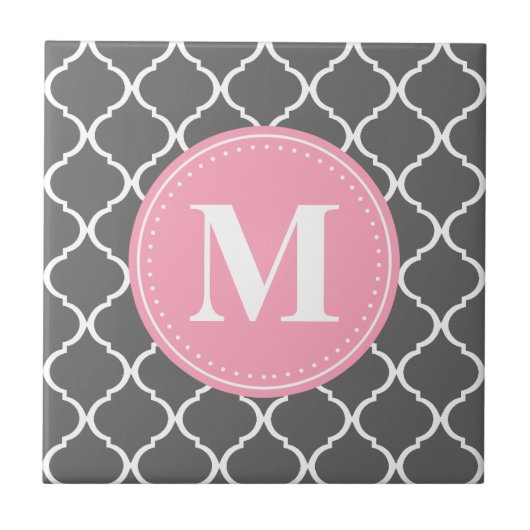 Gray Moroccan Lattice Pink Monogram Tegeltje (Voorkant)