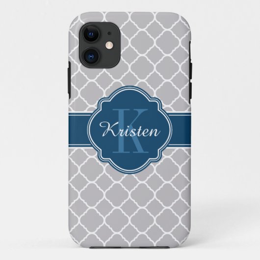 Gray Moroccan Quatrefoil Pattern Blue Monogram Case-Mate iPhone Case (Achterkant)