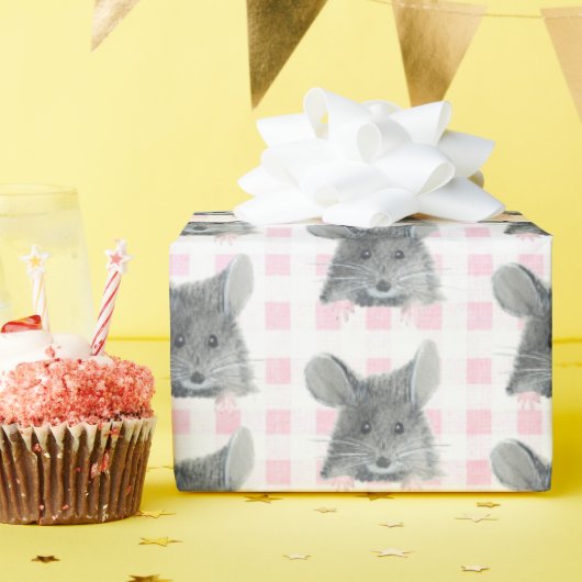 Gray Mouse op Gingham Cadeaupapier (Verjaardagsfeest)