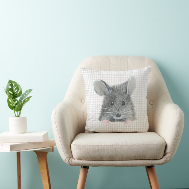 Gray Mouse op Gingham Kussen (Stoel)
