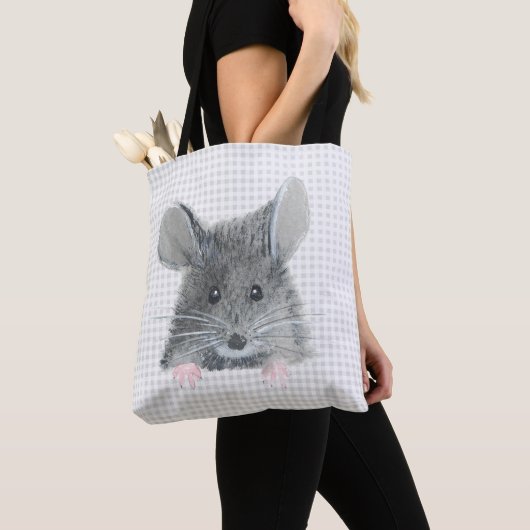 Gray Mouse op Gingham Tote Bag (Dichtbij)