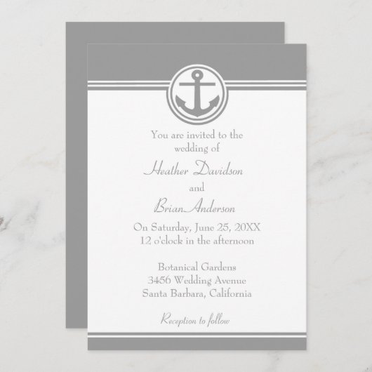 Gray Nautical Anchor Wedding Invitation Kaart (Voorkant / Achterkant)