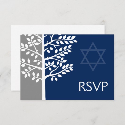 Gray Navy Blue Tree of Life Bar Mitzvah RSVP (Voorkant / Achterkant)