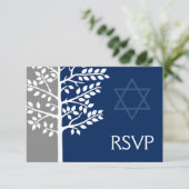 Gray Navy Blue Tree of Life Bar Mitzvah RSVP Kaartje (Staand voorkant)