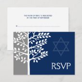 Gray Navy Blue Tree of Life Bar Mitzvah RSVP Kaartje (Voorkant / Achterkant)