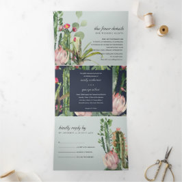 GRAY NAVY FLORAL CACTI FOLIAGE WATERVERF WEDDING DRIELUIK UITNODIGING
