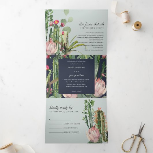 GRAY NAVY FLORAL CACTI FOLIAGE WATERVERF WEDDING DRIELUIK UITNODIGING (Binnen)