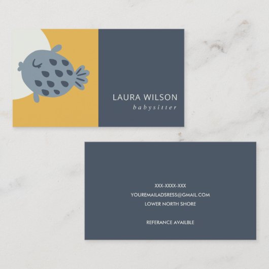 GRAY NAVY OCHRE CUTE SANDI LITTLE FISH BABYSITTER VISITEKAARTJE (Voorkant / Achterkant)