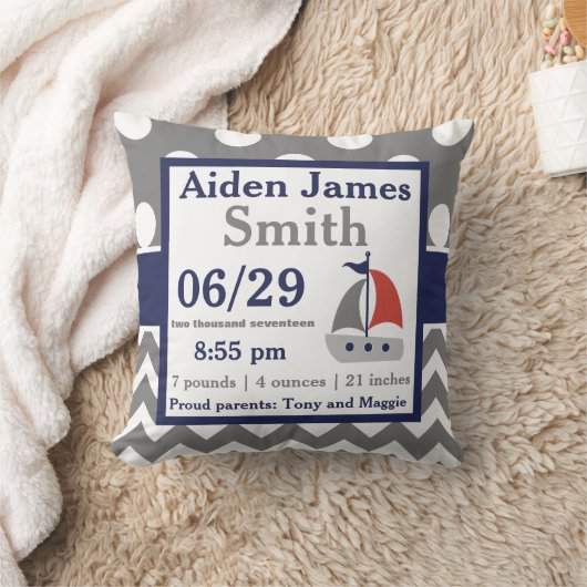 Gray Navy Sailboot Boat Birth Announcement Pillow Kussen (Deken)