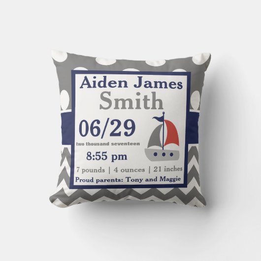 Gray Navy Sailboot Boat Birth Announcement Pillow Kussen (Voorkant)