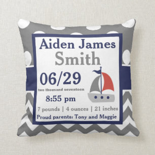 Gray Navy Sailboot Boat Birth Announcement Pillow Kussen