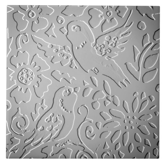 Gray Ombre Bird Woodland Ingebakken Floral Natuur Tegeltje (Voorkant)