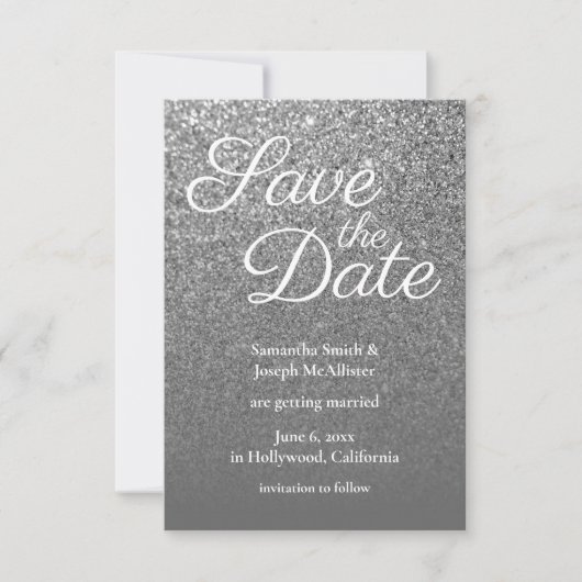 Gray Ombre Silver Glitter Foto slaat Datum op Kaart (Voorkant)