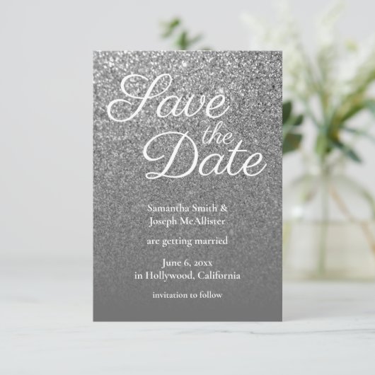 Gray Ombre Silver Glitter Foto slaat Datum op Kaart (Staand voorkant)