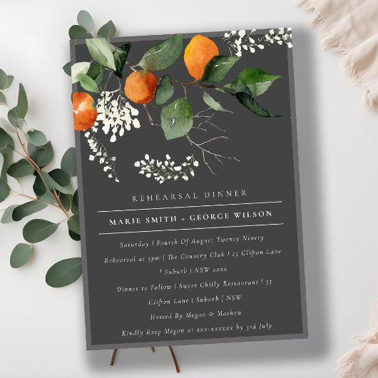 Gray Oranje Blossom Fauna Rehearsal Dinner Invite Bedankkaart