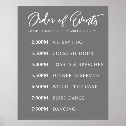 Gray Order of Events Wedding Day Schedule Poster (Voorkant)