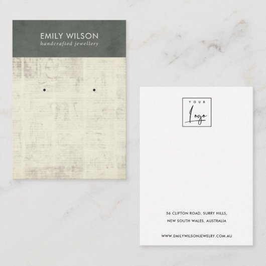 GRAY OUDE NEWSPAPER STUD EARING DISPLAY VISITEKAARTJE (Voorkant / Achterkant)