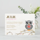 Gray Owl First Birthday Party Invitation Kaart (Staand voorkant)