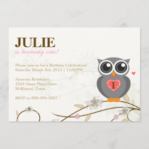 Gray Owl First Birthday Party Invitation Kaart