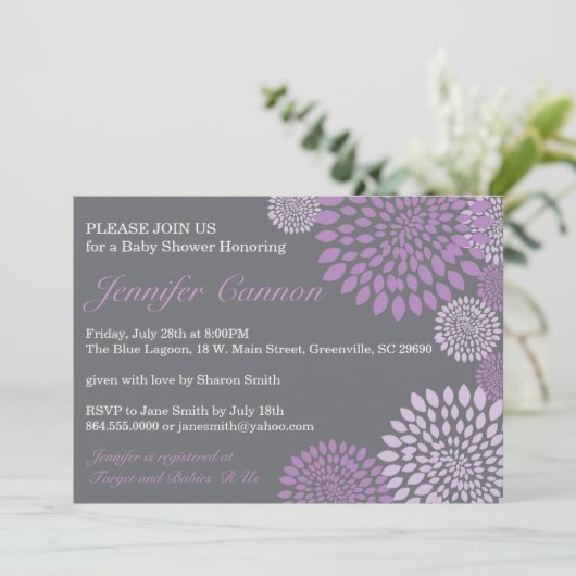 Gray Paars Modern Floral Baby shower Kaart (Staand voorkant)
