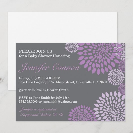 Gray Paars Modern Floral Baby shower Kaart (Voorkant / Achterkant)