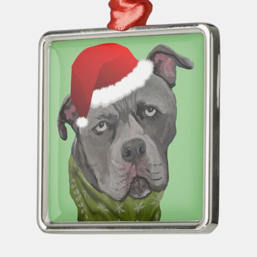 Gray Paint Pit Bull Santa Hat Metalen Ornament (Links)