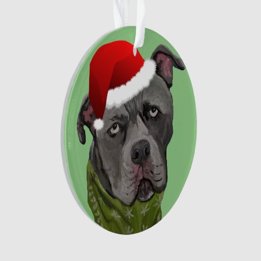 Gray Paint Pit Bull Santa Hat Ornament (voorkant)