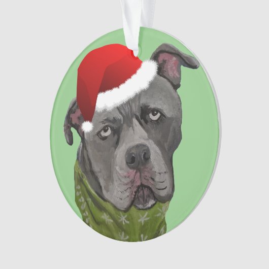 Gray Paint Pit Bull Santa Hat Ornament (voorkant)