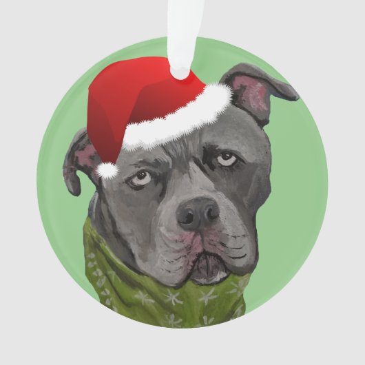 Gray Paint Pit Bull Santa Hat Ornament (voorkant)