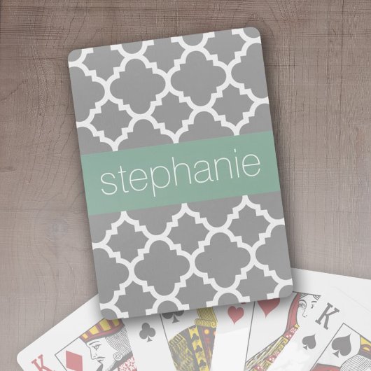 Gray & Pastel Mint Vierbladpatroon Aangepaste naam Pokerkaarten
