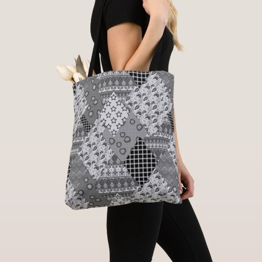 Gray Patchwork Patchwork Patroon Tote Bag (Dichtbij)