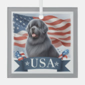 Gray Patriotic Newfoundland Dog Square Glas Ornament (Voorkant)
