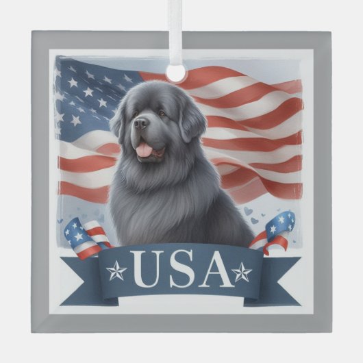 Gray Patriotic Newfoundland Dog Square Glas Ornament (Voorkant)