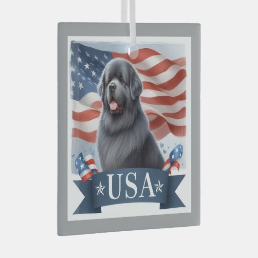 Gray Patriotic Newfoundland Dog Square Glas Ornament (Voorkant Rechts)