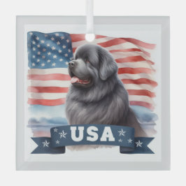 Gray Patriotic Newfoundland Square Glass Ornament