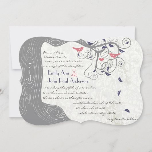 Gray Peach and Navy Love Bird Wedding Invitations Kaart (Voorkant)