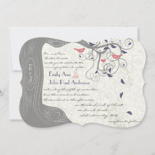 Gray Peach and Navy Love Bird Wedding Invitations Kaart