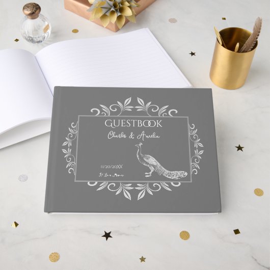 Gray Peacock Flourish Wedding Guest Book Gastenboek (Voorkant open)