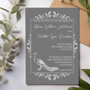 Gray Peacock Flourish Wedding Invitation Kaart